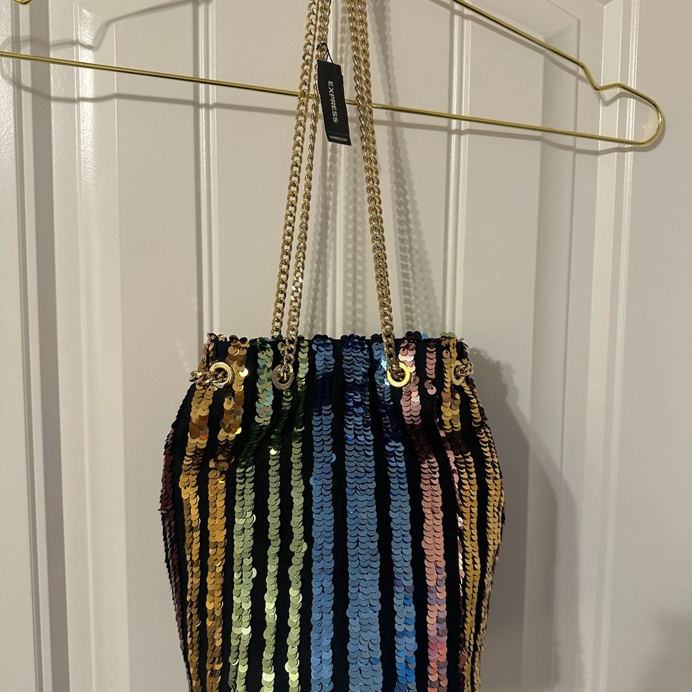 Express Multicolor Sequin Drawstring Bucket Bag NWT